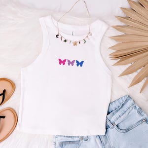 Camiseta sin mangas bisexual, mariposas bisexuales, camiseta sin mangas del orgullo bisexual, camiseta del orgullo sutil, top corto bisexual, orgullo de talla grande