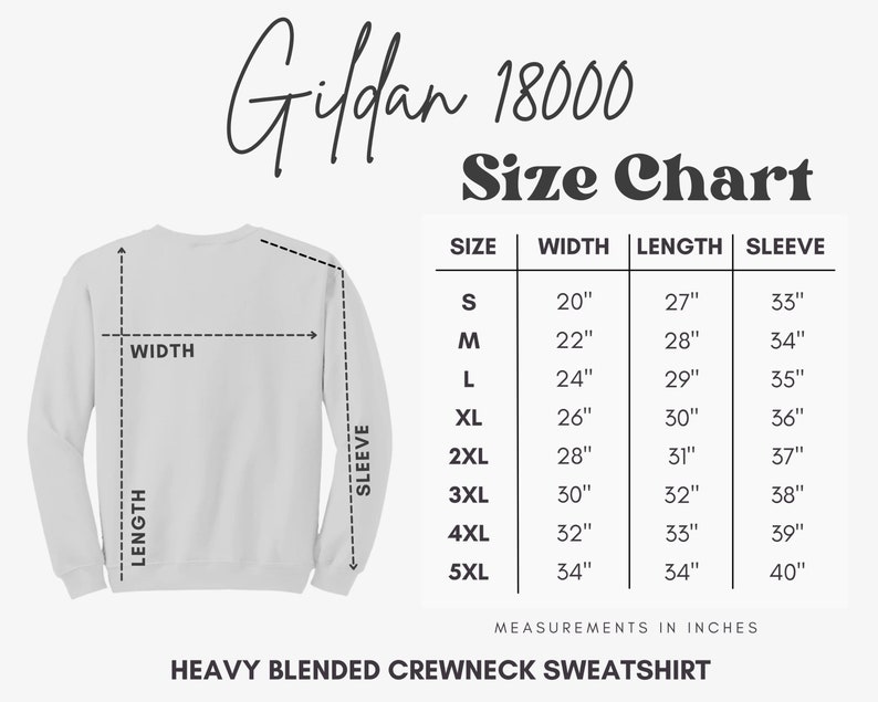 K&ouml;nnte beinhalten: Gr&ouml;&szlig;entabelle f&uuml;r Gildan 18000 Heavy Blended Crewneck Sweatshirt. Die Tabelle zeigt die Ma&szlig;e in Zoll f&uuml;r Breite, L&auml;nge und &Auml;rmell&auml;nge f&uuml;r die Gr&ouml;&szlig;en S bis 5XL.