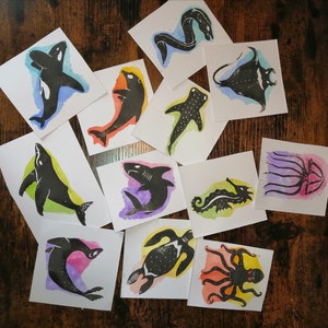 lots de 12 linogravures d'animaux marins