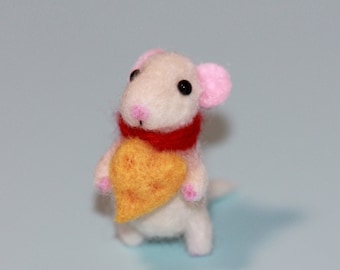 Needle Felted Wool Mouse with Cheese: Miniature Dollhouse Figure