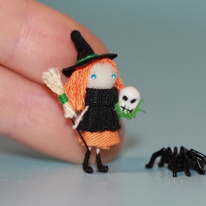 Micro Witch Doll: Handmade Miniature Figurine with Spider, Halloween Ornament
