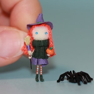 Micro Witch Doll: Halloween Ornament with Spider & Pumpkin