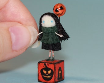 Tiny Handmade Doll: Miniature Medea, Halloween Pumpkin Pet, Dollhouse Figurine