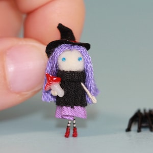 Tiny Witch Doll: Miniature Figurine with Spider, Halloween Ornament