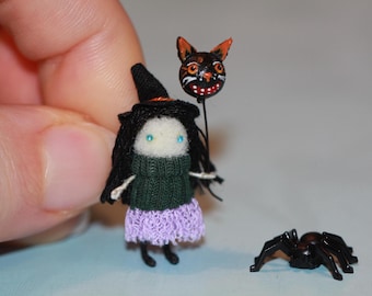 Tiny Witch Doll: Miniature Halloween Ornament with Spider