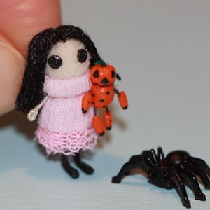 Tiny Witch Doll: Miniature Halloween Ornament with Pumpkin & Spider
