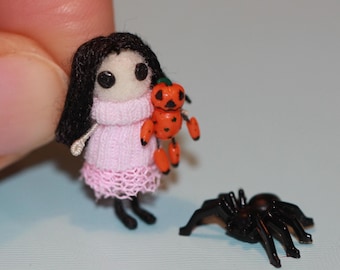 Tiny Witch Doll: Miniature Halloween Ornament with Pumpkin & Spider