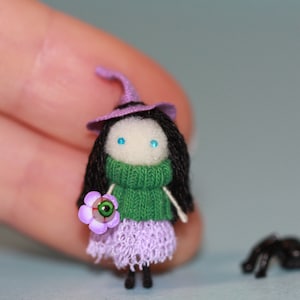 Micro Witch Doll: Handmade Miniature Figurine with Spider
