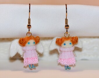 Handmade Angel Earrings: Wool & Cotton, Christmas Ornament Gift