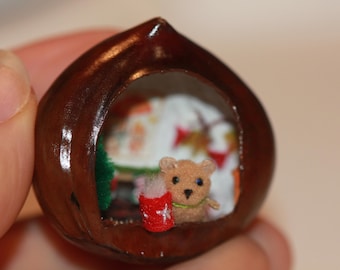 Nut Shell Diorama: Tiny Fairy House with Micro Bear