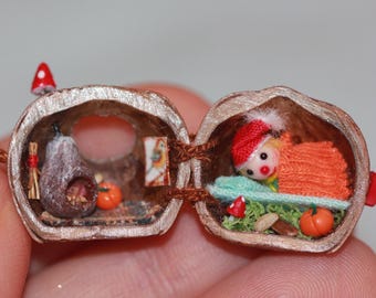 Handmade Hazelnut Shell Fairy House – Miniature Forest Scene