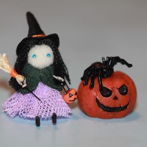 Tiny Witch Doll with Pumpkin: Halloween Miniature Figurine
