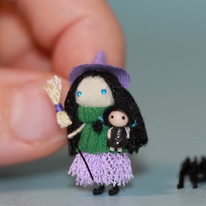 Tiny Witch Doll: Miniature Halloween Ornament with Pet Spider