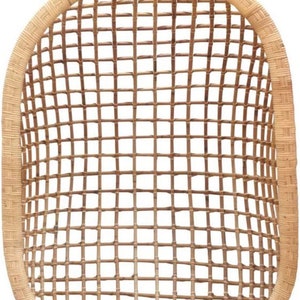 May include: A natural woven rattan hanging chair with a round metal ring at the top.