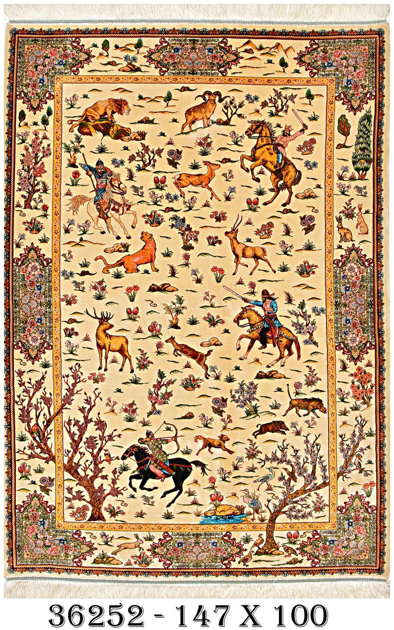 3x5 Ft Persian Oriental Handmade Silk Rugs Hunting Rugs Pictorial Rugs ...
