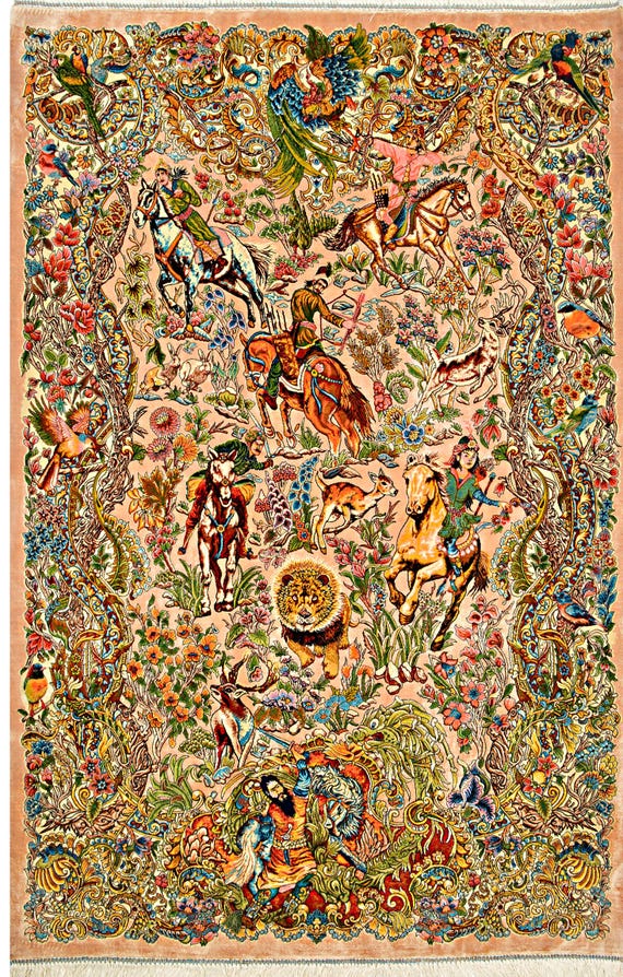 3x5 Hunting Persian Silk Rug Handmade Oriental Rug Hunting Scene Rug, Animal Design, Horse Rug, Bedroom Living Room Rug