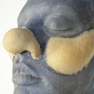 May include: A grey face with closed eyes, featuring prosthetic nose and cheek pieces. The nose and cheek pieces are a light beige colour, contrasting with the grey skin tone. The prosthetic pieces have a textured surface.