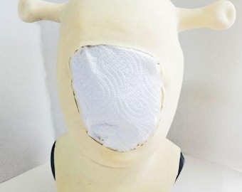 May include: A light beige mask with two protruding ear-like shapes and a large opening for the face, covered with a white paper towel. The mask has a dark blue trim at the bottom.