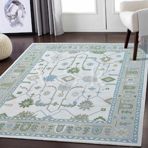 Authentic White And Green Oushak Made to Order (In Any Size) Hand Knotted Oushak rugs/large area rug/pastel rugs/for Bedroom/for living room