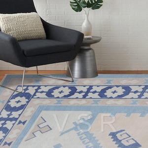 Alfombra Oushak moderna azul beige hecha a pedido (¡en cualquier tamaño!) Alfombras Oushak modernas anudadas a mano/alfombra de área grande/imagen pastel/¡para dormitorio!
