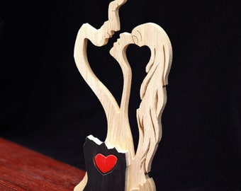 Estatua decorativa moderna y creativa de madera maciza, Artesanías hechas a mano puras, amor, beso eterno, pareja, artesanía tallada en madera, decoración del hogar