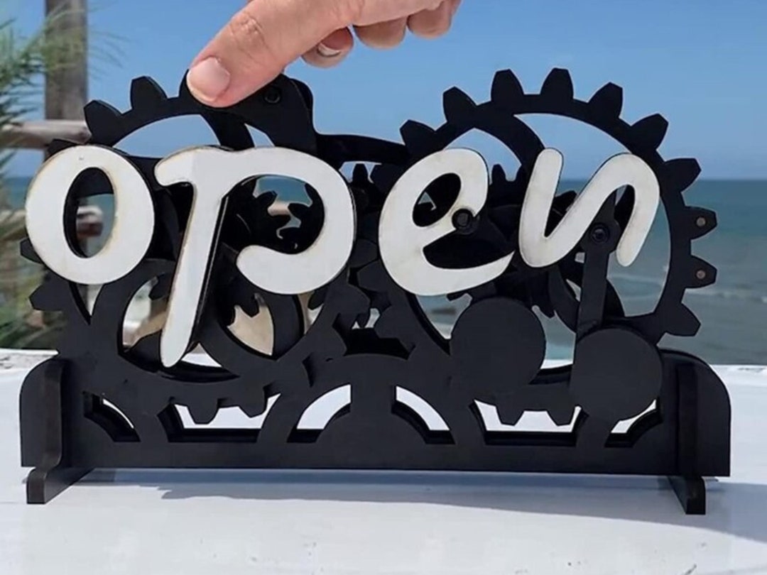 Wooden Double-sided Open/closed Sign Signs Reversible Gear Business ...