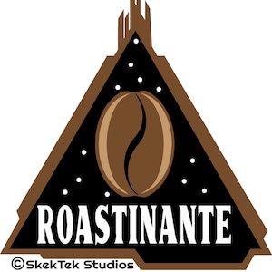 May include: A black and brown logo with a stylized coffee bean in the center. The logo is in the shape of a triangle with a pointed top. The text "ROASTINANTE" is in white letters at the bottom of the logo. The text "SkekTek Studios" is in white letters at the bottom of the logo.