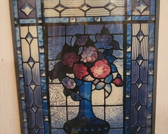 Stained glass reverse glass painting portrait vase with flowers