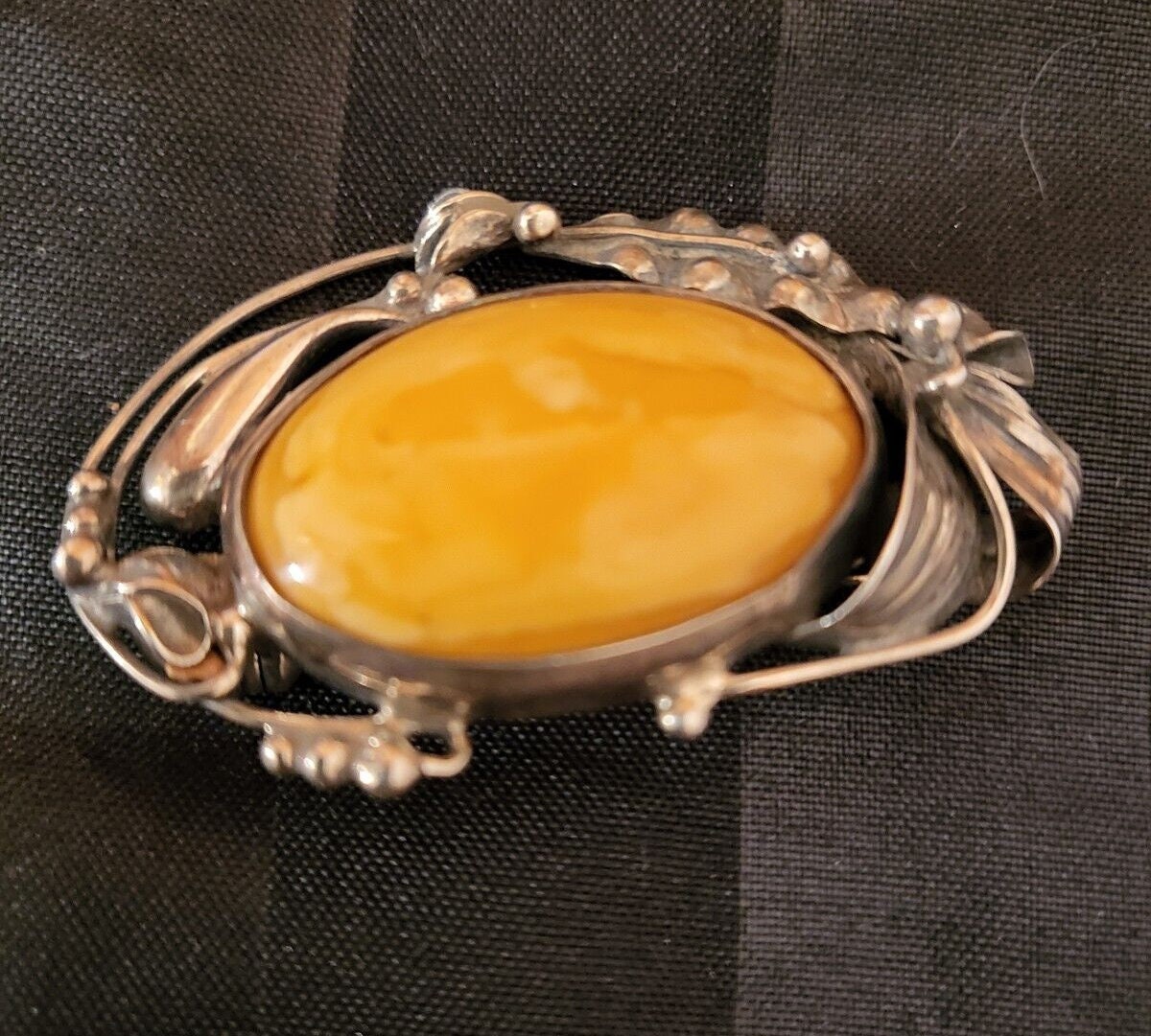 Broche épingle Argent 925 Art Nouveau - Avec Ambre Butterscotch, Antique - Bijou Ancien Occasion