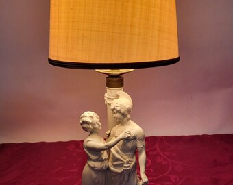 Table lamp figurative Roman/Greek bisque porcelain figurine group farewell