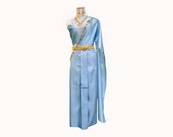 Elegant Thai Traditional Sarong Set: Tailored Waist 20-45 Inches, Blue Wedding & Party Attire