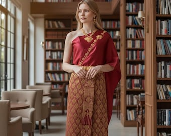 Ensemble sarong traditionnel thaïlandais élégant : taille ajustée de 51 à 114 cm, robe de mariage et de soirée