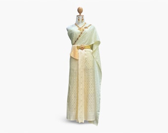 Elegant Ivory Thai Wedding Ensemble: Traditional Bridal Sarong, Sash & Dress Set for Ceremonies