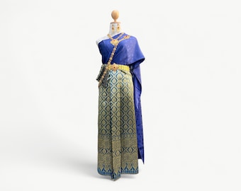 Traditional Thai Dress Set – Royal Blue, Golden Silk Look, Wedding Attire