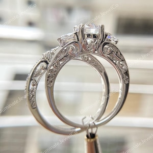 Antique Edwardian 2 Ct Old European Diamond Art Deco Bridal Set Vintage Engagement Ring Set In 935 Argentium Silver Retro Antique Bridal Set image 1