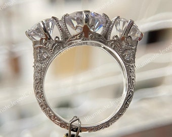 Navette Vintage Edwardian Old European Diamond Engagement Ring In 935 Argentium Silver, 3.00 Carats Diamond Three Stone Ring, Estate Ring