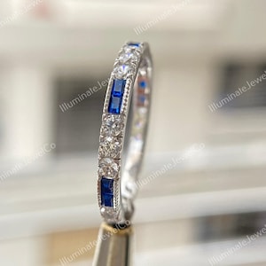 Antique Art Deco Diamond Wedding Band Ring Old Mine Diamond & Sapphire Band Stacking Band Vintage Band Half Eternity Band Anniversary Ring