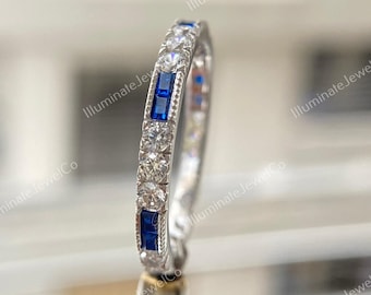 Antique Art Deco Diamond Wedding Band Ring Old Mine Diamond & Sapphire Band Stacking Band Vintage Band Half Eternity Band Anniversary Ring
