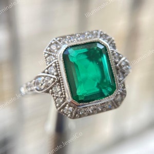 Retro Antique Lab Created Emerald Engagement Ring, Art Deco Wedding Ring Gift For Women, Halo Vintage Emerald Ring In 935 Argentium Silver