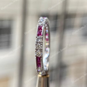 Vintage art Deco diamond wedding ring, Vintage diamond eternity ring, antique. ruby diamond band, engagement ring stacking band dainty ring
