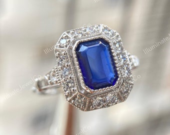 Antique 1.50 Ct Emerald Cut Lab Created Sapphire Engagement Ring, Retro Vintage Ring, Art Deco Ring In 935 Aregtnium Silver, Edwardian Ring