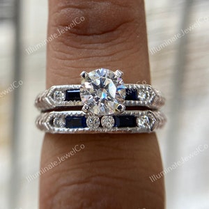 Retro Vintage Art Deco Engagement Ring Set / Old European Diamond & Sapphire Ring Set / Iconic Edwardian Ring Set / Wedding Bridal Ring Set