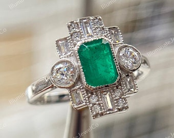 Pierścionek zaręczynowy Estate Art Deco Antique Emerald Diamond w 935 Argentium Silver Vintage Ring Birthstone Gift Anniversary, pierścionek Art Deco