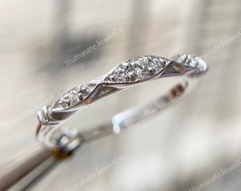 Antique Art Deco Wedding Bands For Women, Vintage Moissanite Band Filigree Anniversary Band Ring Unique Stackable Rings Bridal Matching Band