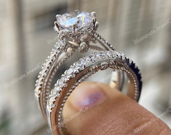 Antique Art Deco 2 Ct Old European Diamond Vintage Bridal Set Art Deco Engagement Ring Set In 935 Argentium Silver Vintage Retro Bridal Set
