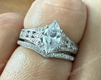 Vintage 1.50 Ct Art Deco Old European Wedding Engagement Ring Set In 935 Argentium Silver / Marquise Diamond Ring Set / Antique Bridal Set