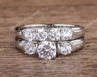 Estate Vintage Old Mine Diamond Bridal Set Antique Ring Set In 935 Argentium Silver, Retro Art Deco Engagement Ring Sets, Dainty Band Sets