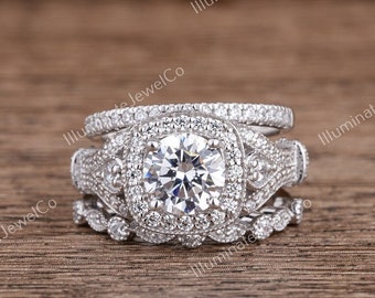 3PCS Vintage Art Deco Lab Diamond Ring / Round Forever Moissanite Bridal Wedding Ring Set / Trio Bridal Rings/ 935 Argentium Silver Ring Set