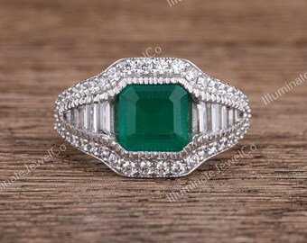 Anello di fidanzamento in stile Art Déco con smeraldo taglio Asscher in argento Argentium 935, anello con pietra portafortuna di maggio, anello di nozze vintage con smeraldo verde per donna