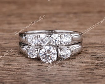 Estate Vintage 2 Cts Old European Cut Diamond Engagement Ring Bridal Set In 935 Argentium Silver Vintage Art Deco Ring Set Dainty Band Set